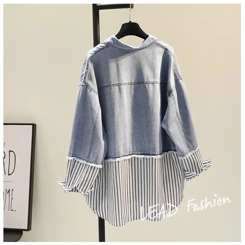 Fake Two Denim Patchwork Shirt Jacket Striped Fringe Casual Shirt Cardigan Korean Fashion Shir Tblouses Women Clothing Tops