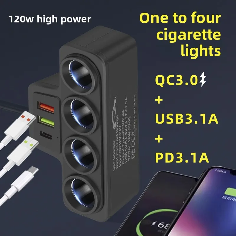 

New car charging car cigarette lighter one tow four QC3.0+USB+PD fast charging interface 12V24V general