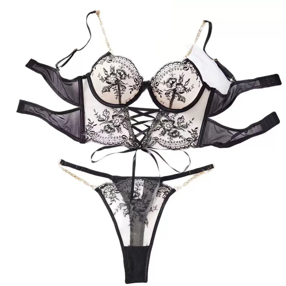Sexy Embroidery Lingerie Suit for Women Chain Flower Embroidery Cross-belt Hollow Two-piece Set Women's Underwear Suit