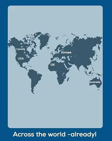 Text reads 'Across the world -already!'. World map in dark blue on light blue background, mounted in navy blue frame or border.