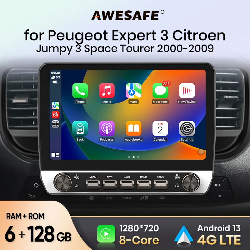 AWESAFE Car Radio for Peugeot Expert 3 Citroen Jumpy 3 SpaceTourer 2016 - 2021 Wireless Carplay Android Auto Stereo with Button