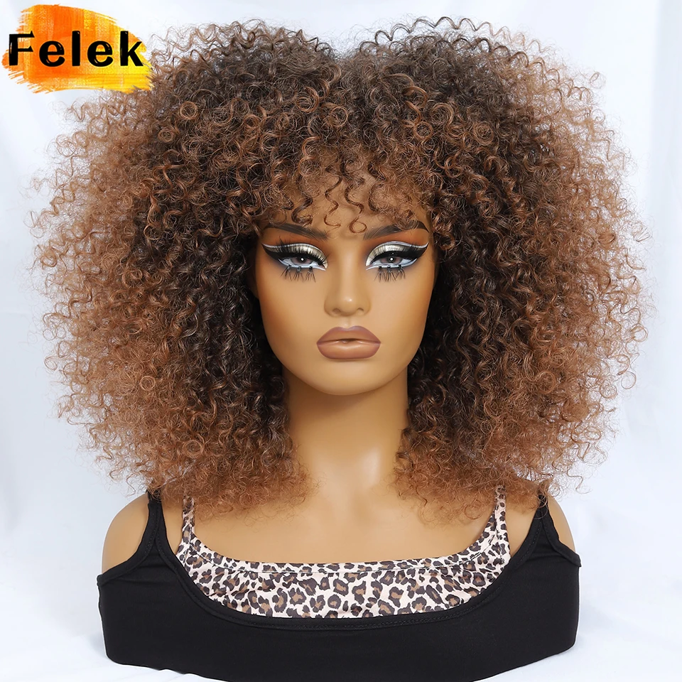 

14 Inch Short Afro Wigs For Black Women Blue Synthetic Bob Curly Wigs With Bangs Ombre Brown Pink Kinky Curly Hair Cosplay Wigs