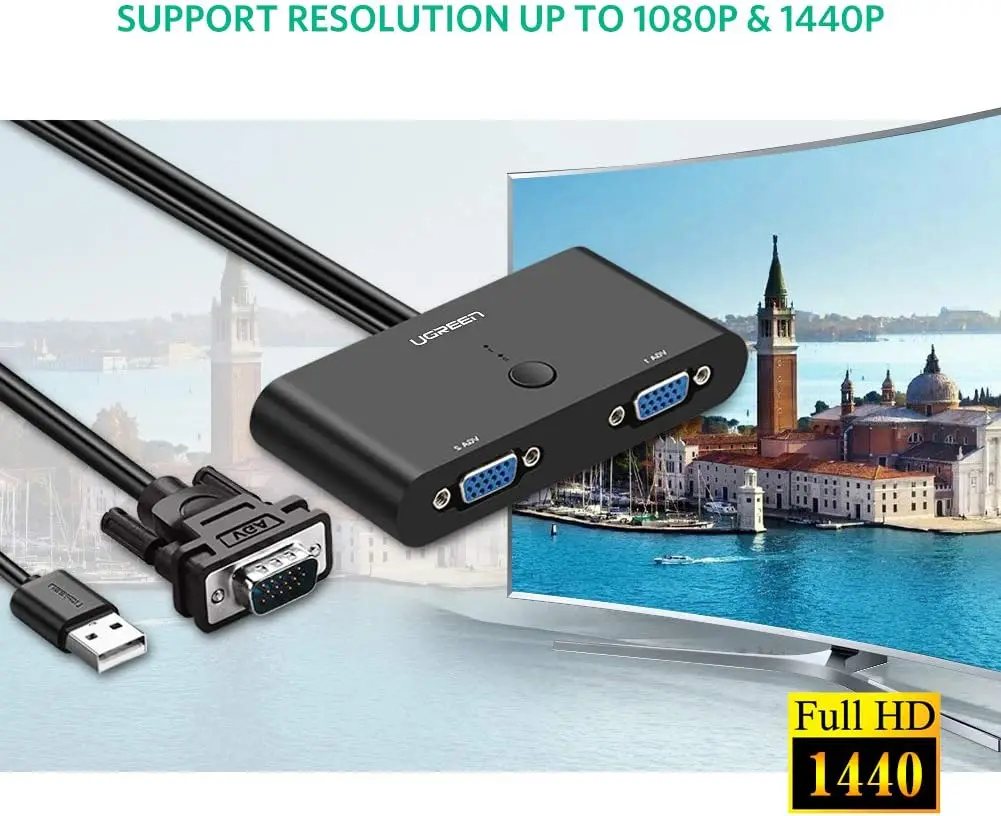 UGREEN VGA 2 in 1 Out Switch 2 Port Audio Video Switcher Box with Manual Switch Button Support 1920x1080P@60Hz for PC TV Monitor