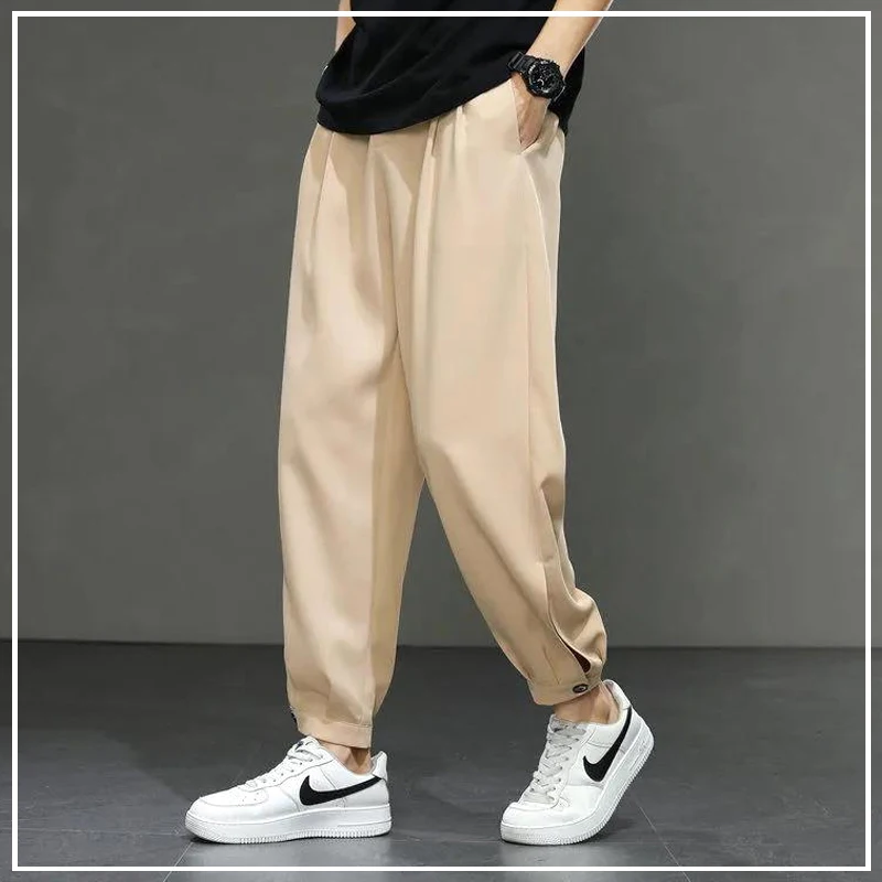 

2024 New Summer Minimalist Fashion Casual Sporty Style with Elastic Waist Pockets and Draped Ice Silk Solid Color Harlan Pants
