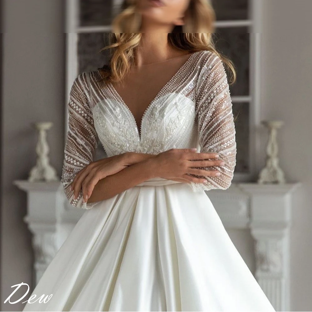 カスタマイズされた絶妙なウェディングドレス高級ホワイトサテンセクシーなVネックファッションブライダルパーティークラシックAライン繊細なブライダルドレス