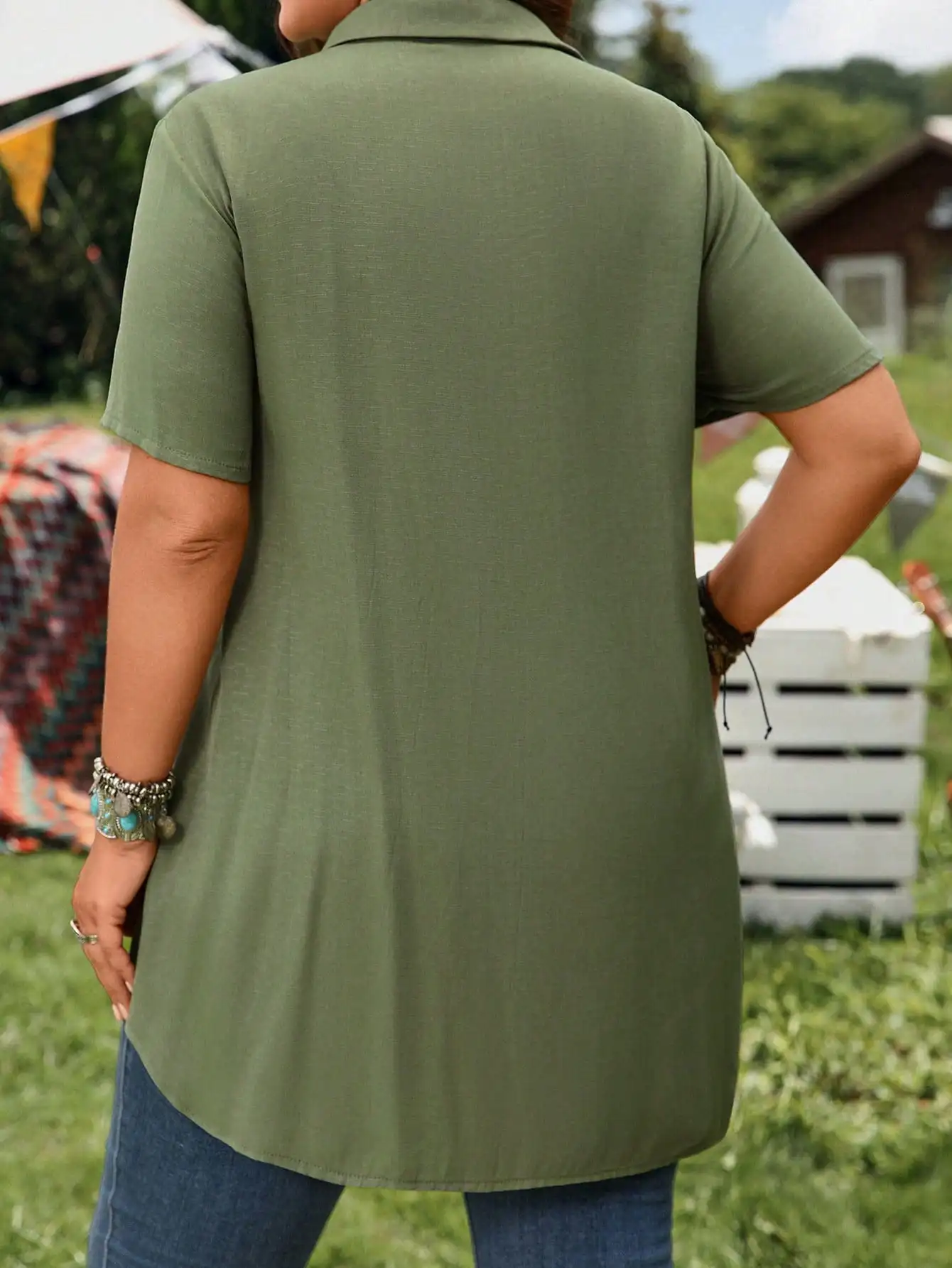 

Plus Size Button Front Short Sleeve Linen Shirt Casual Bohemian Tunic Top For Women Summer