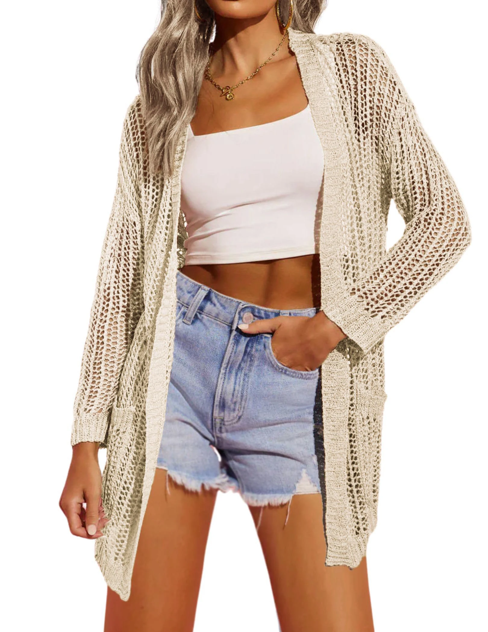 Lightweight Crochet Cardigan for Women Long Sleeve Open Front Knit Casual Cardigans Sweaters