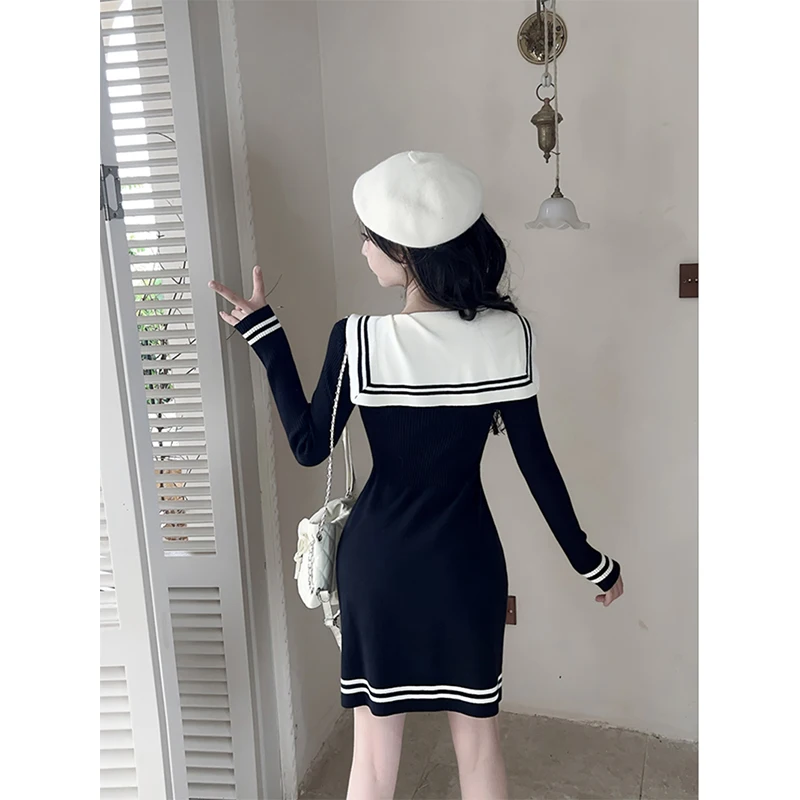 かわいい黒ニットミニドレス女性日本ロリータセーラー襟ドレス冬 Y2K ストライプ長袖ボディコン Vestidos 新しい