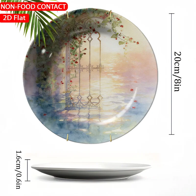 1pc Vintage Watercolor Garden Gate Ceramic Plate - Pink Suitable for Home Desk Decor, Non-Food Contact Ornament, Retro