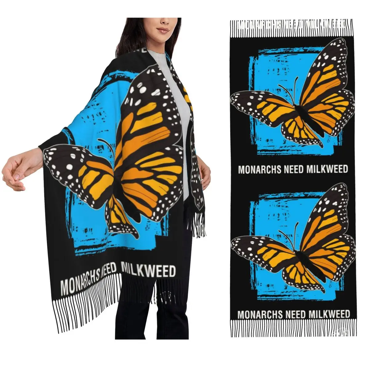 بحاجة إلى Milkweed Monarch Butterfly طباعة وشاح شرابة الأوشحة النساء شالات دافئة لينة ويلتف كبير الخريف الشتاء شال التفاف