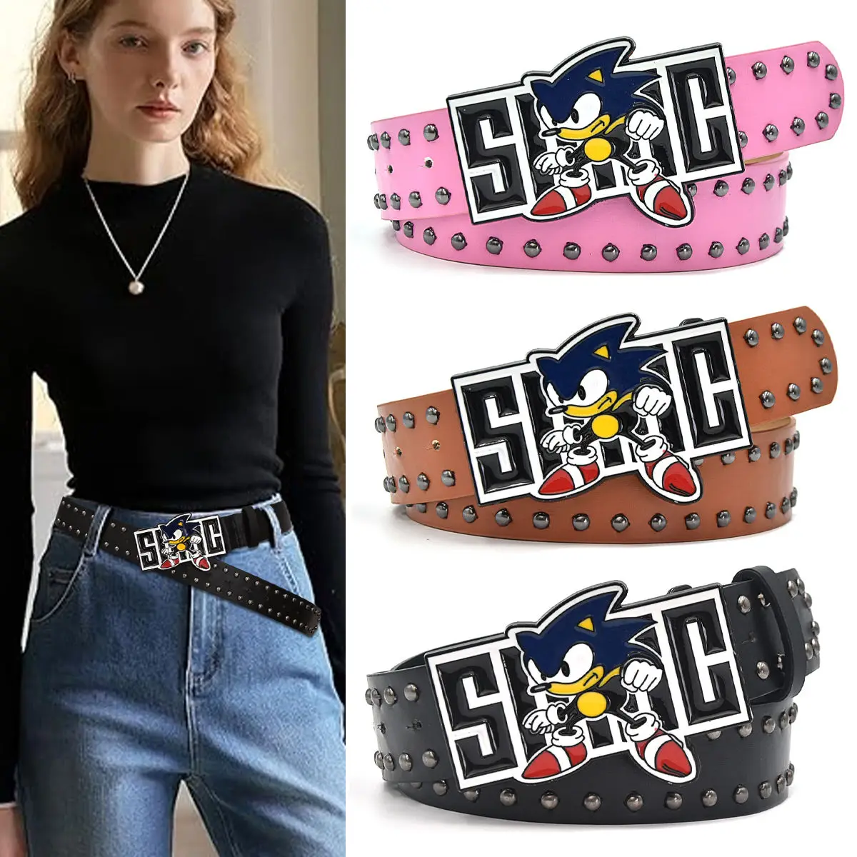 Sonic the Hedgehog Y2K Millennium Hot Girl cinturón de moda personajes de Anime alfabeto masculino y femenino cinturón con remaches de alta calidad regalos
