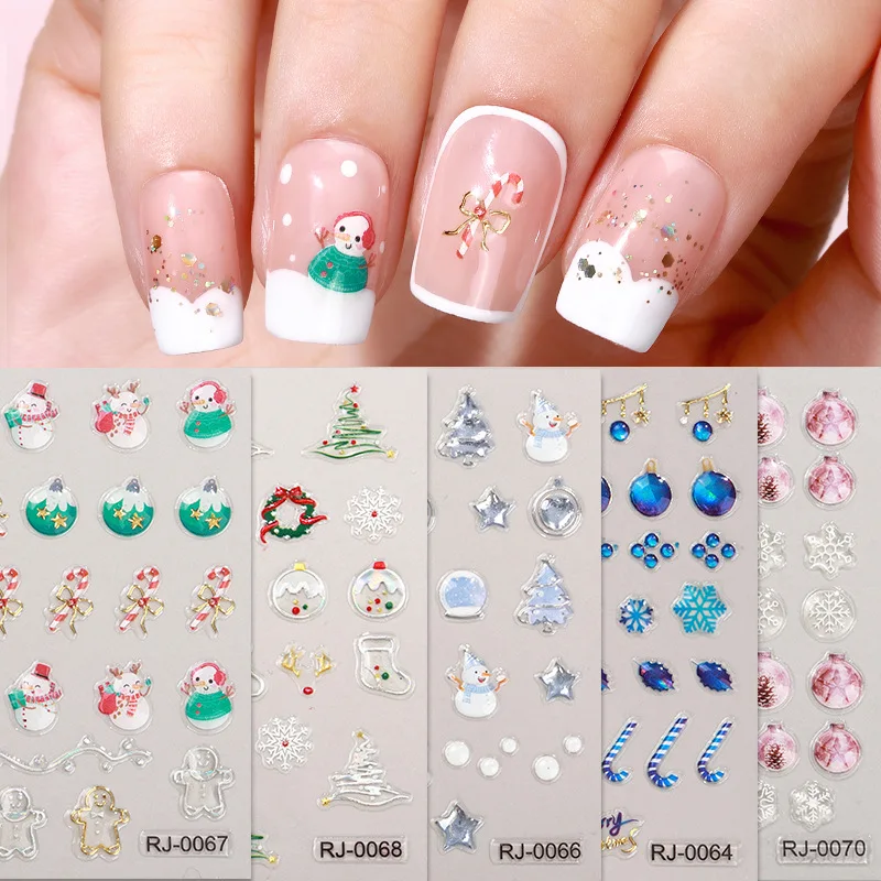 5D en relieve árbol de Navidad pegatina artística de uñas lindo invierno Santa Claus copo de nieve alce grabado deslizador decoración de manicura