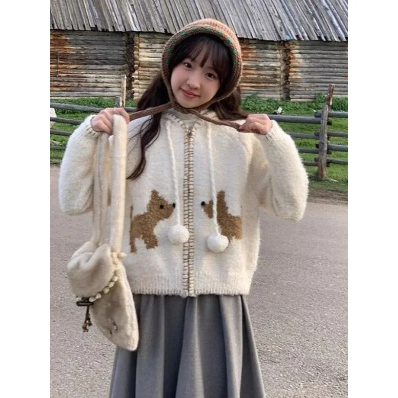 Y2k الجمالية الشارع الشهير الكرتون محبوك مقنعين سترة موضة عادية المرأة سستة معاطف اليابانية الحلو كل مباراة فضفاض القمم