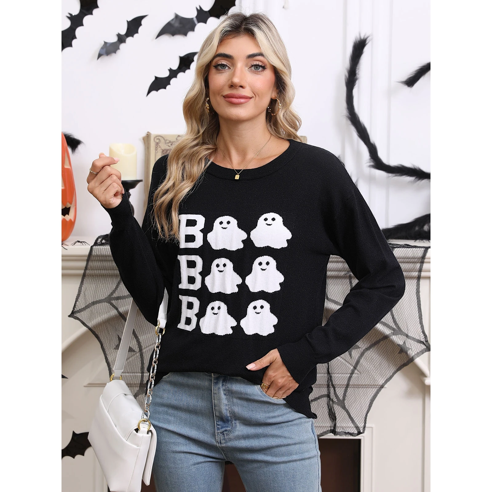 سترة متماسكة مطرزة بموضوع الهالوين سترة كاجوال مستديرة Ne Long Sve سترة نسائية مريحة للترفيه #1