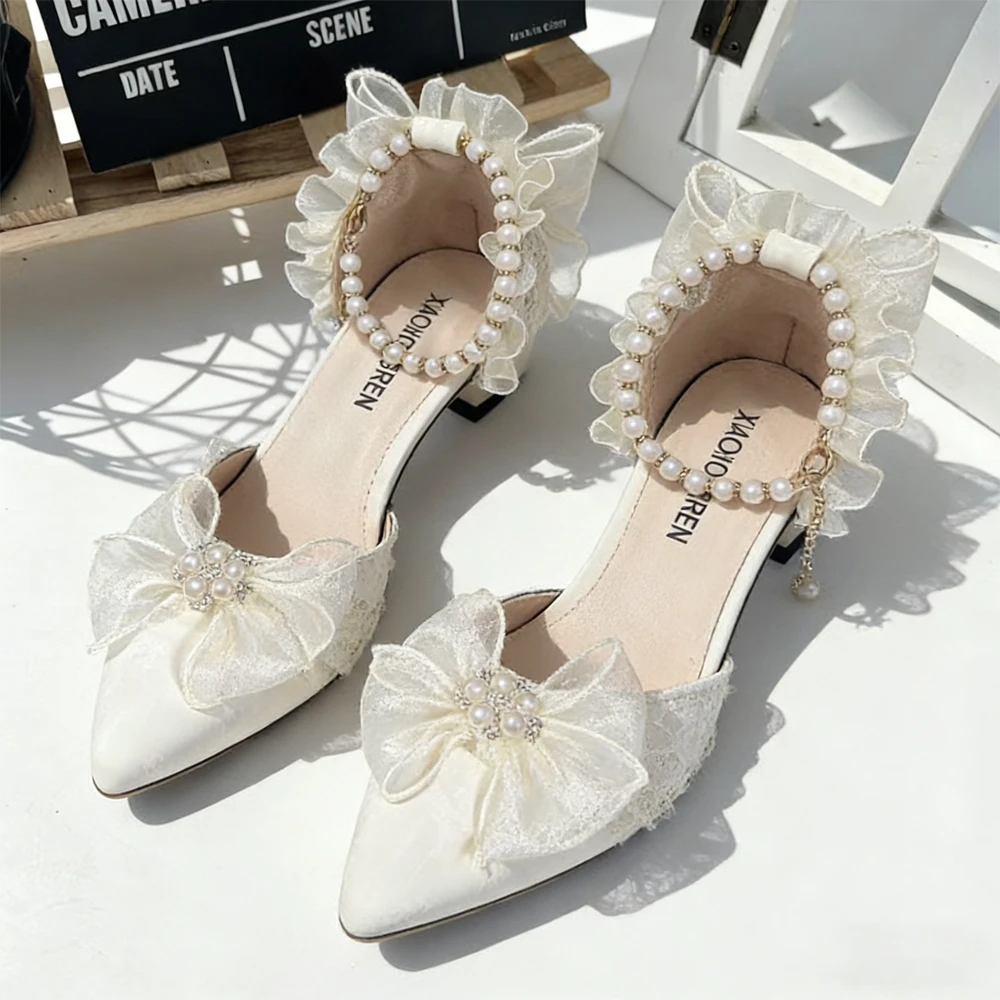 Princess Prom Heels Ladies' Pointed Toe Stiletto Wedding Party Pumps Romantic Sweet Lolita Handmade Embellished Shoes