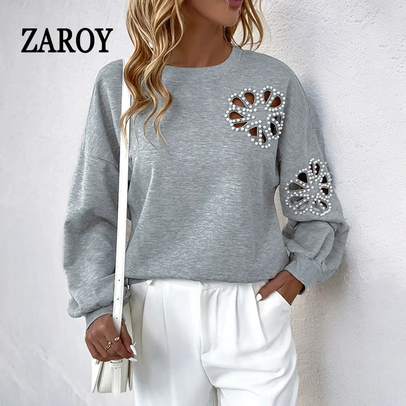 

ZAROY 2025 Sweatshirts Autumn Tops Fashion Pearl Hollow Out Pullover Round Neck Long Sleeve Sportwear Casual Hoodies Sudaderas