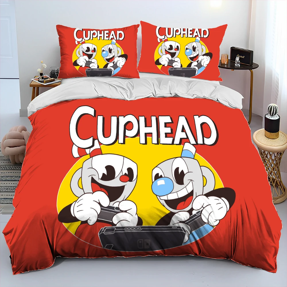 Cuphead And Mugman,Game Gamer Comforter Bedding Set,Duvet Cover Bed Set Quilt Cover Pillowcase,King Queen Size Bedding Set Kids