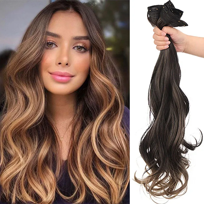 The three piece set of hair extensions with long wavy highlights and gradient curls is suitable for daily use22inch