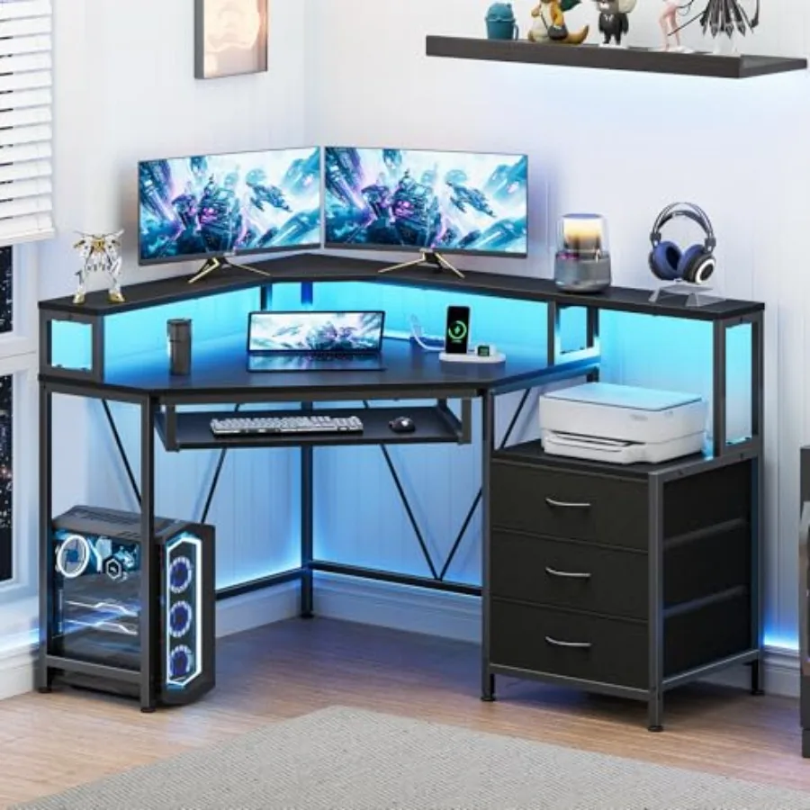 47 Corner Desk with Drawers, Power Outlets Printer Shelf for Small Space: Engineered Wood, White, Space-Saving Design with Buil