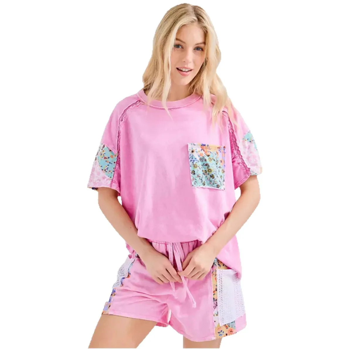 

Women's Casual Round Neck Short Sleeve Patchwork Floral T-Shirt Top Y2K Vintage Graphic Pocket Tee Loose Pink T-Shirt Pajamas