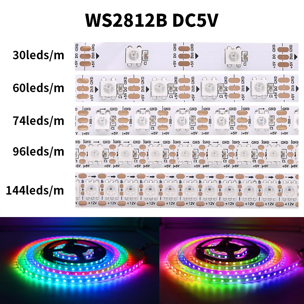 

5050 RGB LED Strip Addressable DC 5V 3pin WS2812B IC 30 LEDs/M 60LEDs/M IP30 IP65 Lamp Waterproof Light Tape Chip LED 5M Digital