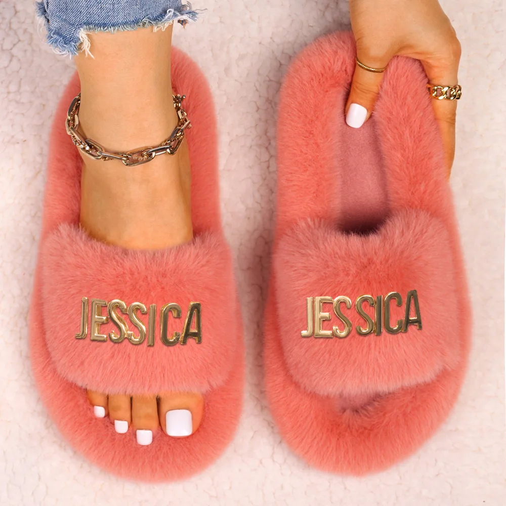 Women\'s Slippers Fluffy Flip Flops Furry Slides Letter Decor Flat Faux Fur Sandals Customized Personalized Gift Custom Name