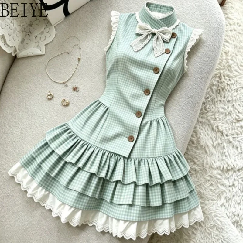 Summer New Japanese Vintage Sweet Bow Dress Women's Plaid Green Color Princess Dress Female Lace Lolita Style Short Dress