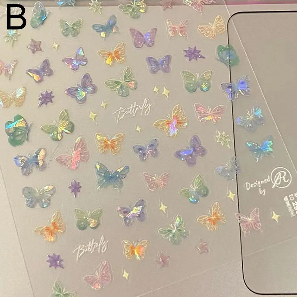 Pegatinas de mariposa para decoración de uñas, calcomanías de mariposa, decoración de uñas Aurora, calcomanías de diseño 5D para uñas en relieve, luz de concha artística DIY Mani K1H3