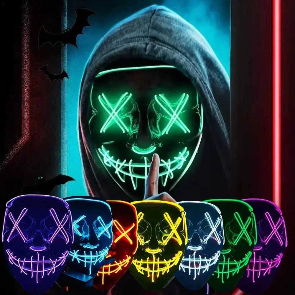 Wireless Neon LED Purge Mask Glow in The Dark Cosplay Horror Mask Halloween Masquerade Party Masks Glowing Funny Dress Up