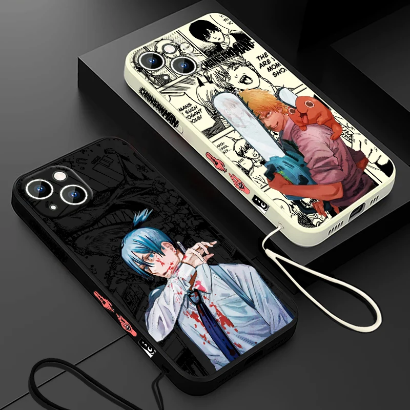 Chainsaw Man Denji Hayakawa Phone Case For Apple iPhone 15 14 13 12 11 Pro Max Plus 8 7 SE Liquid Left Rope Capa Cover