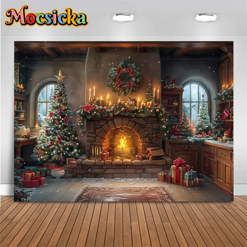 Christmas Wooden House Photography Background Fireplace Christmas Tree Backdrop Decoration Baby Shooting Props Fond Photo Studio