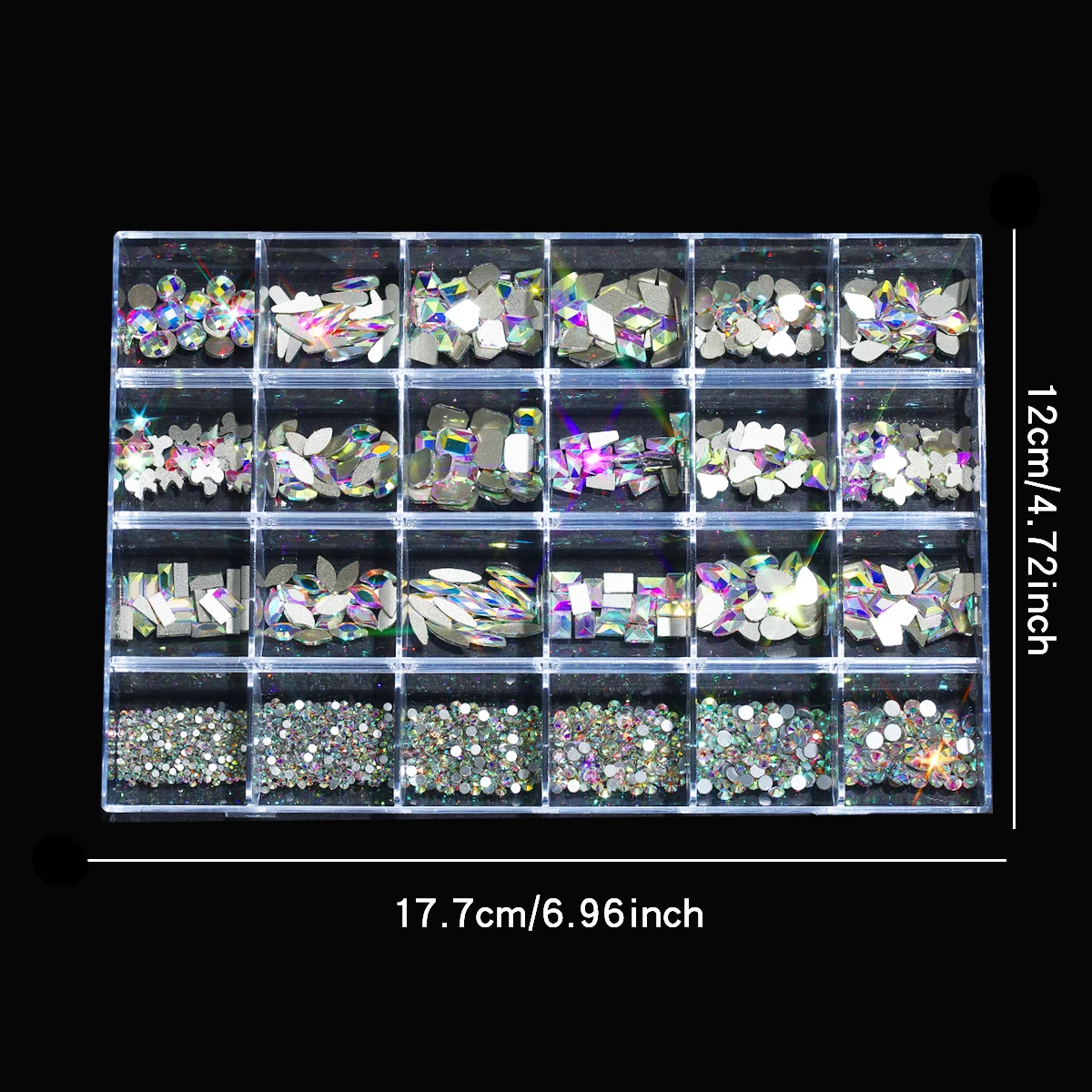 ชุดเพชรตกแต่งเล็บ 3 มิติ รูปทรงหลากหลาย 1 กล่อง - 24 ช่องคริสตัล AB แบบเรียบ  อุปกรณ์ตกแต่งเล็บหลากหลายสไตล์