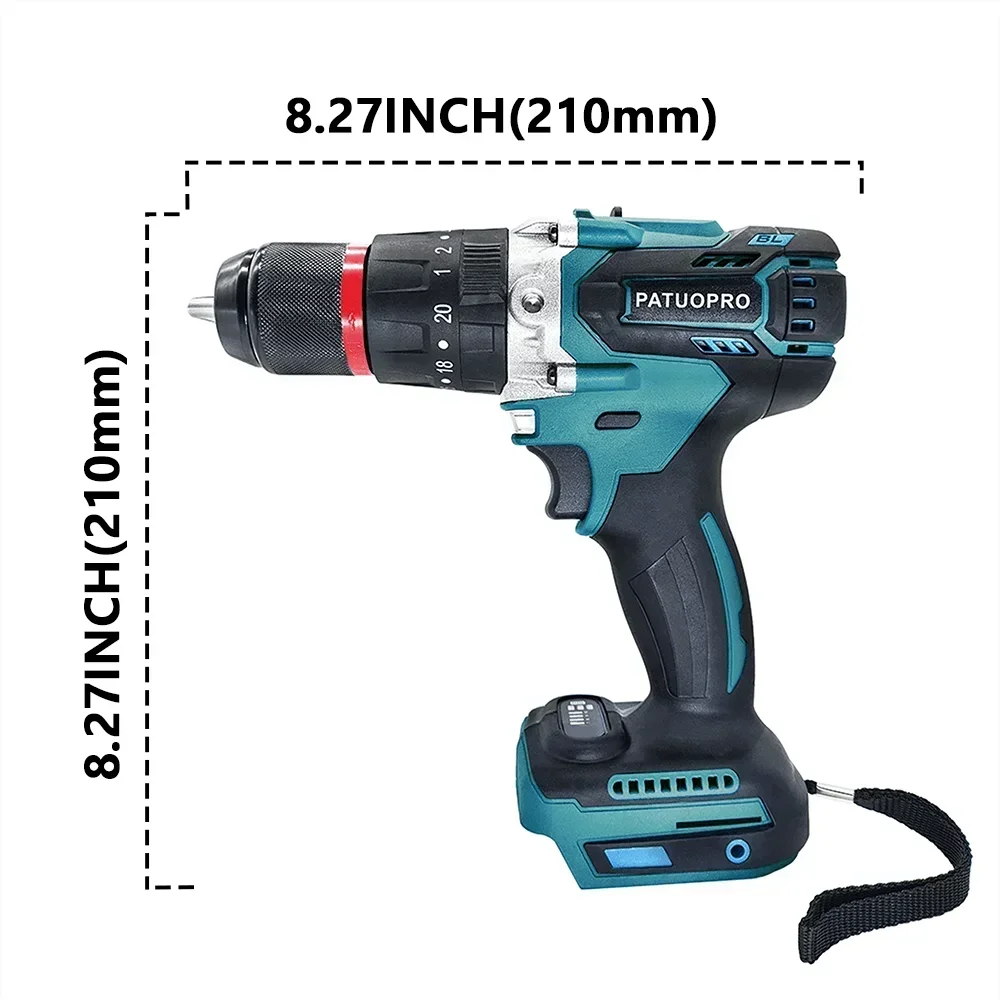 PATUOPRO 13MM Brushless Cordless Electric Impact Drill 20+3 Torque Settings Drill Screwdriver Power Tools For Makita 18V Battery