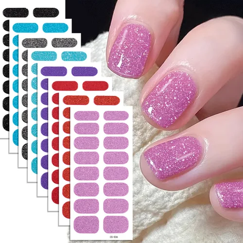 16 puntas pegatinas de uñas calcomanías Color sólido brillo cubierta completa adhesivo esmalte de uñas decoraciones manicura DIY Slider Pegatinas Para