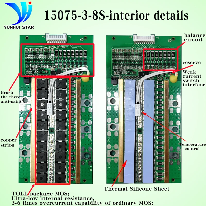 Bms 3S 4S 5S 6S 7S 8S 12V 18V 20V 24V 120A con equilibrio con control de temperatura para batería de almacenamiento de energía Lifepo4 y Li-Ion