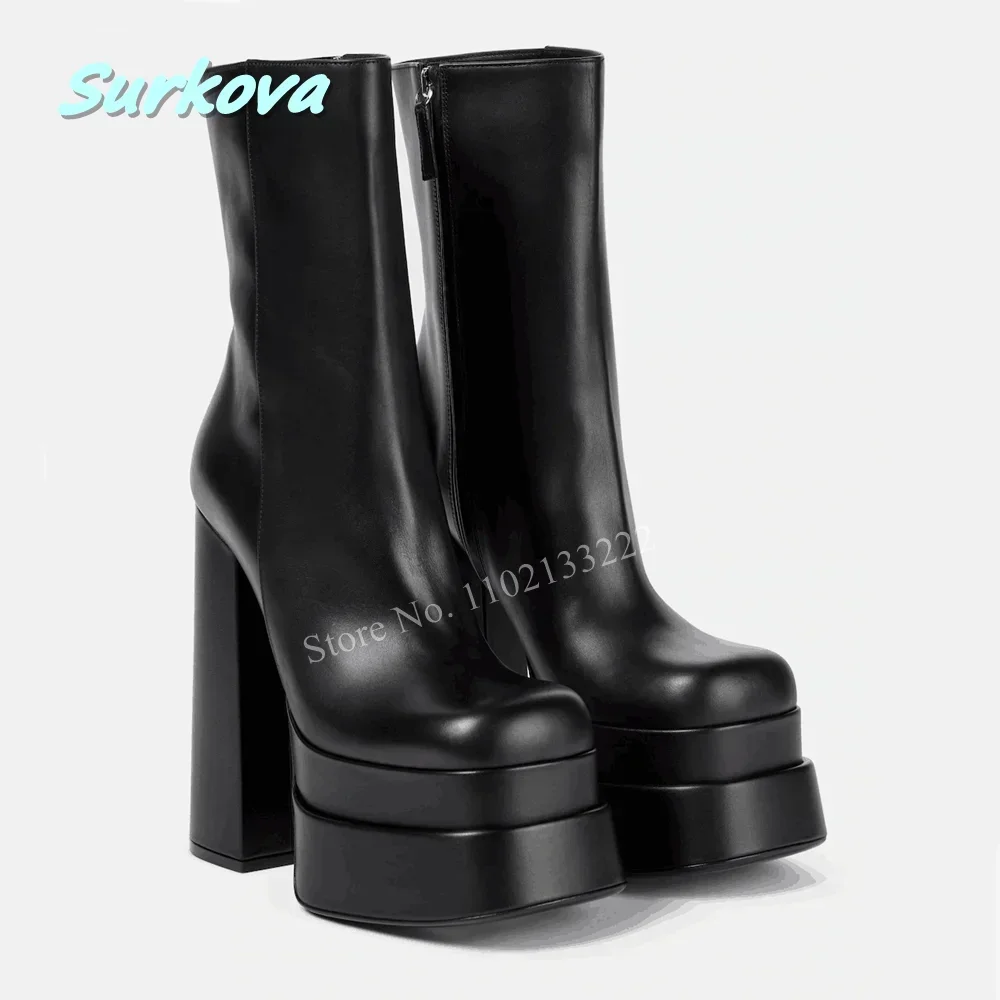 

Double Platform Leather Ankle Boots Black Square Toe Chunky Heel Side Zipper Modern Boots Spring Autumn Fashion Women's Booties