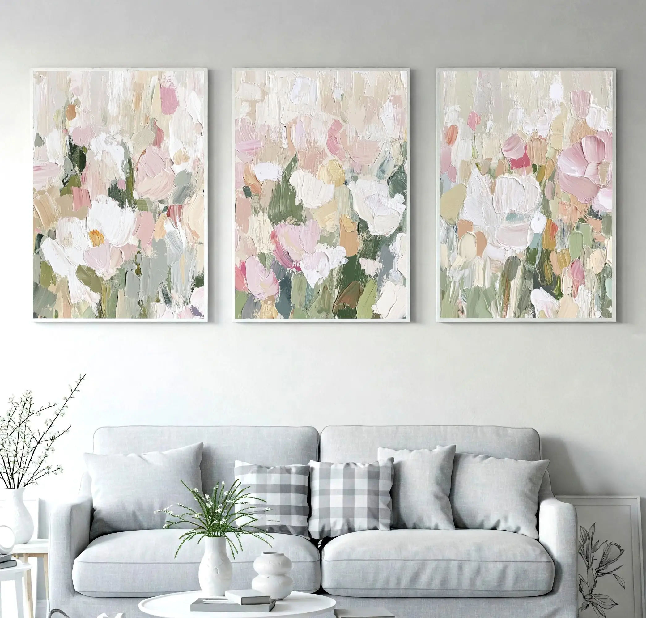 3PC frameless Impasto Textured Abstract Floral Wall Art Set, Soft Pink White Neutral Palette Knife Canvas Prints, Minimalist Boh view 3