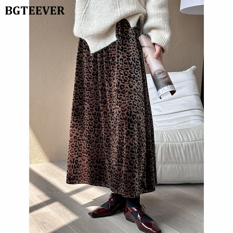 BGTEEVER Vintage Loose Leopard Mid-Length Skirts for Women Autumn Fashion High Waist Velvet A-line Skirts Female