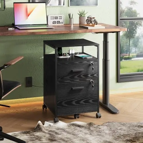 2 Drawer File Cabinet with Lock and Charging Station | Wood Filing Cabinet fits A4 or Letter Size, Mobile Printer Stand