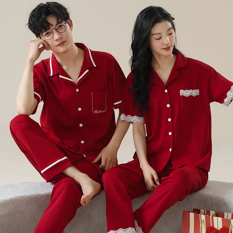 Pajamas Sets Couples Modal Cotton Festive Red Color Fashion Women Short Sleeve Long Pants Sleepwear Suit Summer Home Lounge Gift