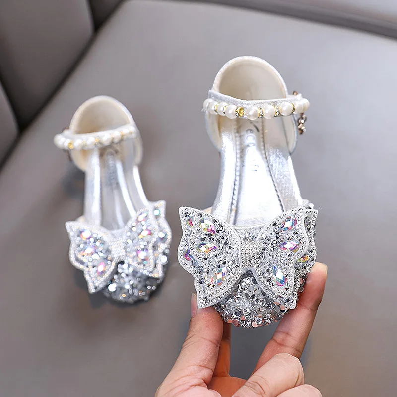

2025 Girls Sequins Bow Dance Performance Sandals Children's Fashion Flat Single Shoes Kids Wedding Party Sandals