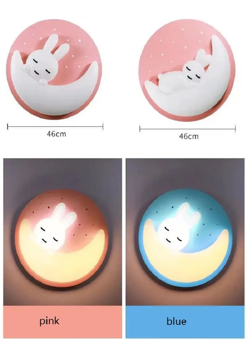 LED Children\'s Room Ceiling Light Cute Cartoon Rabbit Moon Lamp for Bedroom Boys Girls Kid Pink Blue Tricolor Adjustable Decora