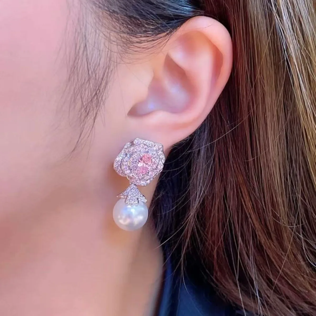 Luxury Pink Rose Flower White Pearl Women's Jewelry Accessories Set Fashion Wedding Jewelry Three-Piece Set Accessories