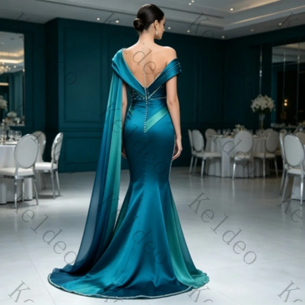 Customized Off‑Shoulder Satin Mermaid Evening Gown Beaded Embroidery Gradient Cape Train Floor‑Length Formal Prom Party Dress