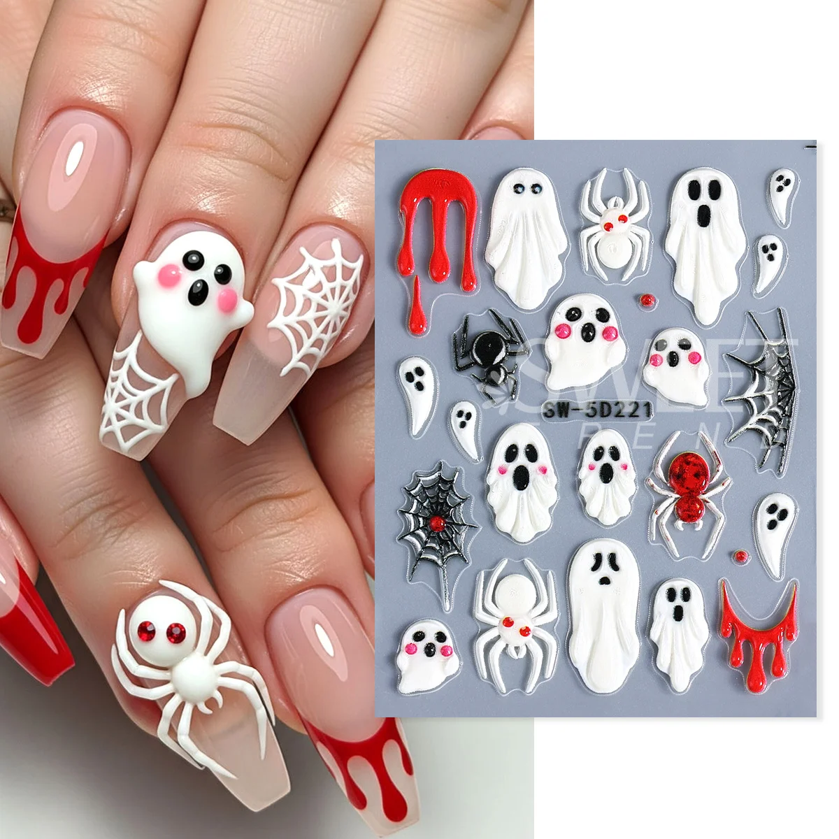 2pcs Adorable Halloween 5D Nail Embossed Sticker Spooky Spider Web Flowing Blood Design Creative Holiday Manicure Textured Decal
