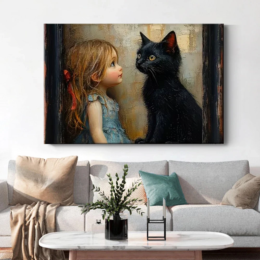 Schwarze Katze und Mädchen Poster und Drucke Retro Tier-Kunst Leinwandgemälde Wandbild für Wohnzimmer Heim-Dekoration Ohne Rahmen