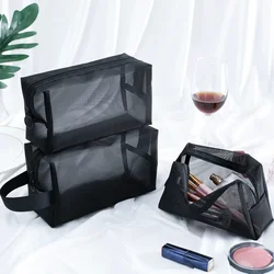 Neceser de viaje para mujer, bolsa de maquillaje negra transparente, organizador de cosméticos, conjunto de malla, pequeña y grande