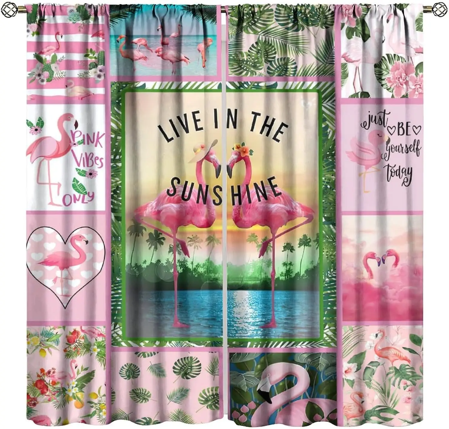Summer Tropical Blackout Curtain Patchwork Pink Flamingo Palm Leaf Motivational Quote Rod Pocket Panels Soft Girl Bedroom Decor
