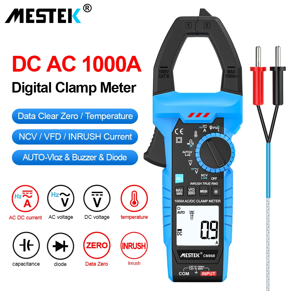 1000A DC Current  Auto Range AC/DC Digital Clamp Meter True RMS Multimeter Inrush Car Hz Clamp Meter Pinza Amperimetrica