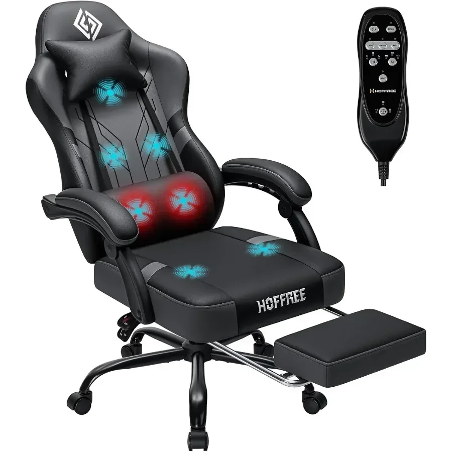 Gaming Chair with 7-Point Massage and Heated Lumbar Support for Home Office UseGrey PU Leather Ergonomic Computer Chair